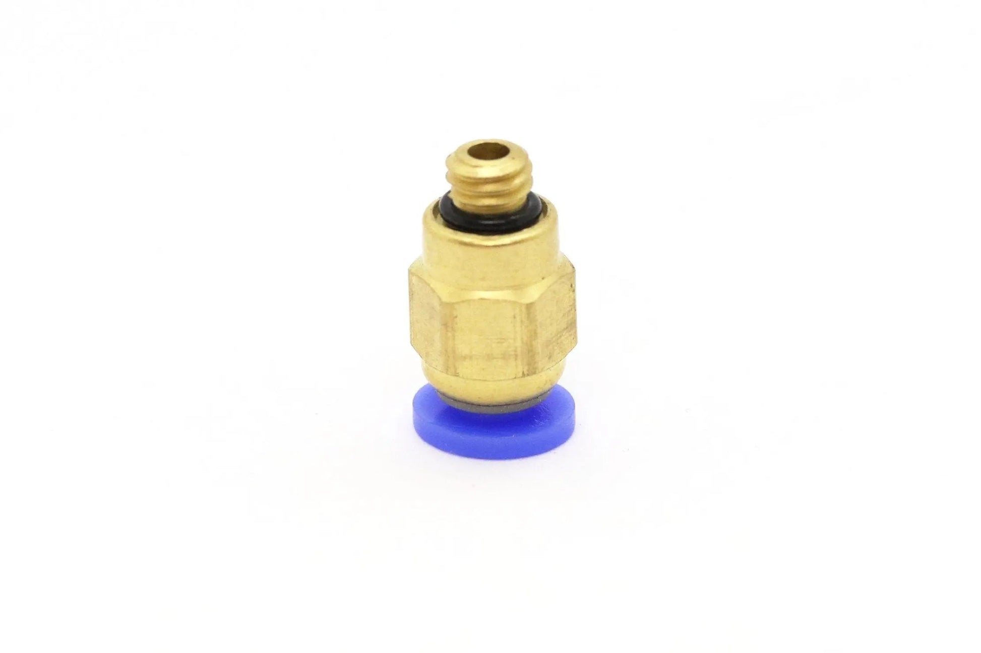 Raccord pneumatique en laiton centré sur fond blanc, avec bague bleue en bas