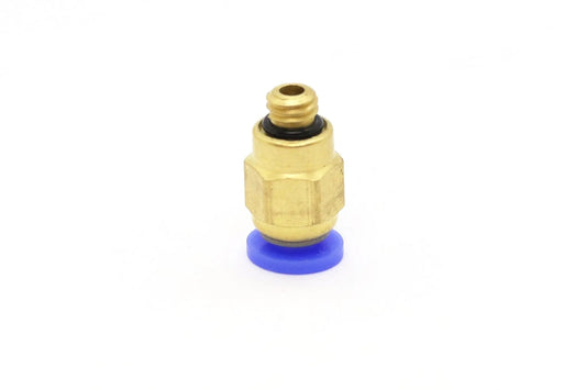 Raccord pneumatique en laiton centré sur fond blanc, avec bague bleue en bas