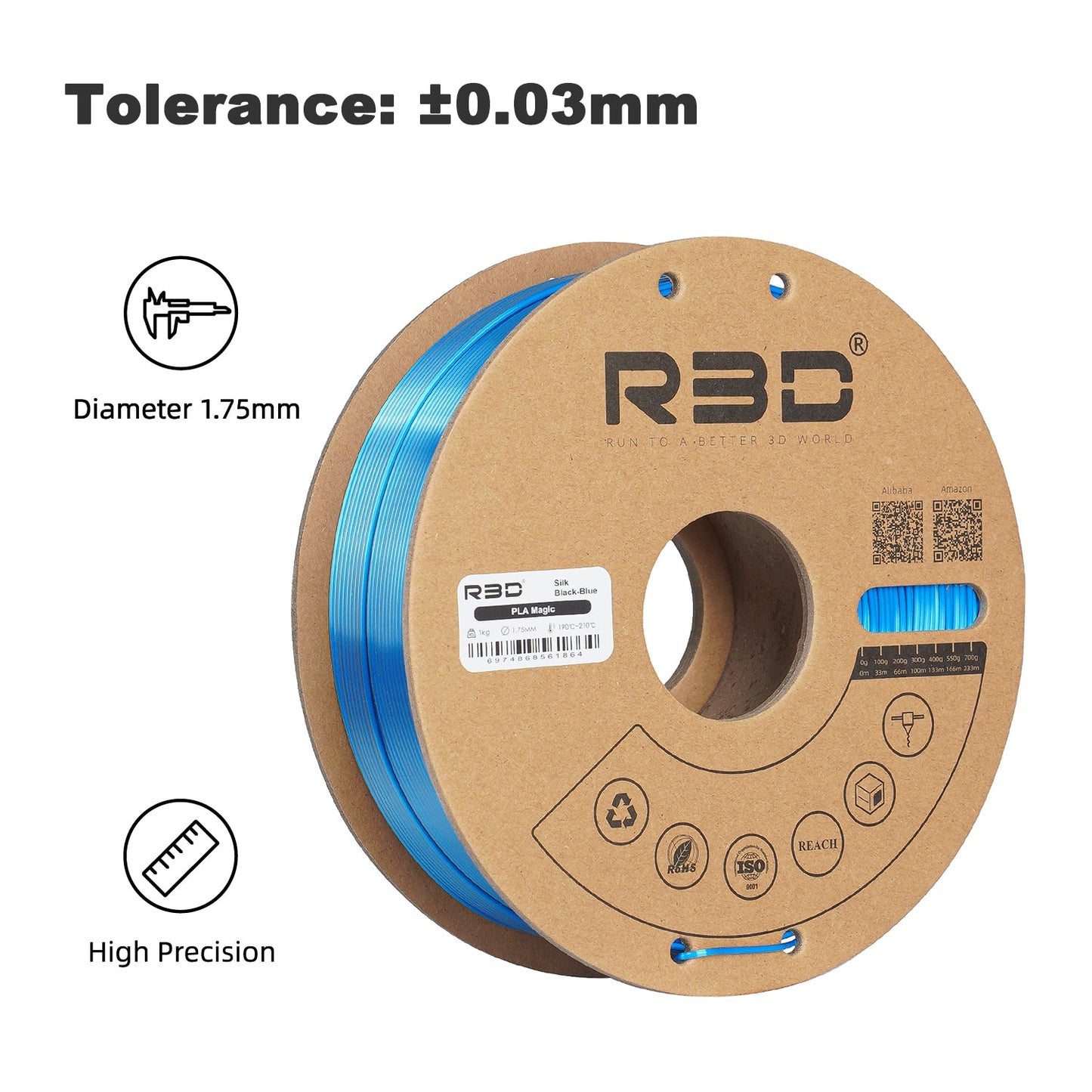 Black/Blue - R3D Dual Colour Silk PLA Magic Filament - 1.75mm, 1kg