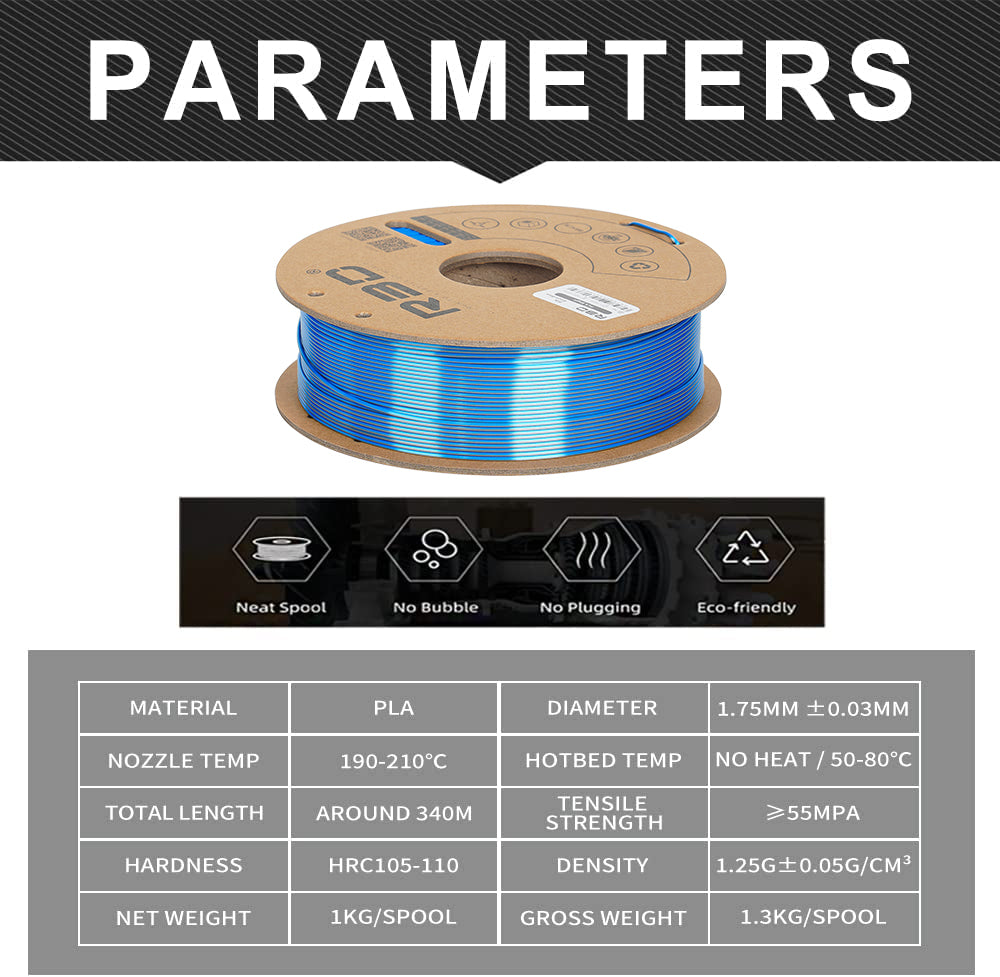 Black/Blue - R3D Dual Colour Silk PLA Magic Filament - 1.75mm, 1kg