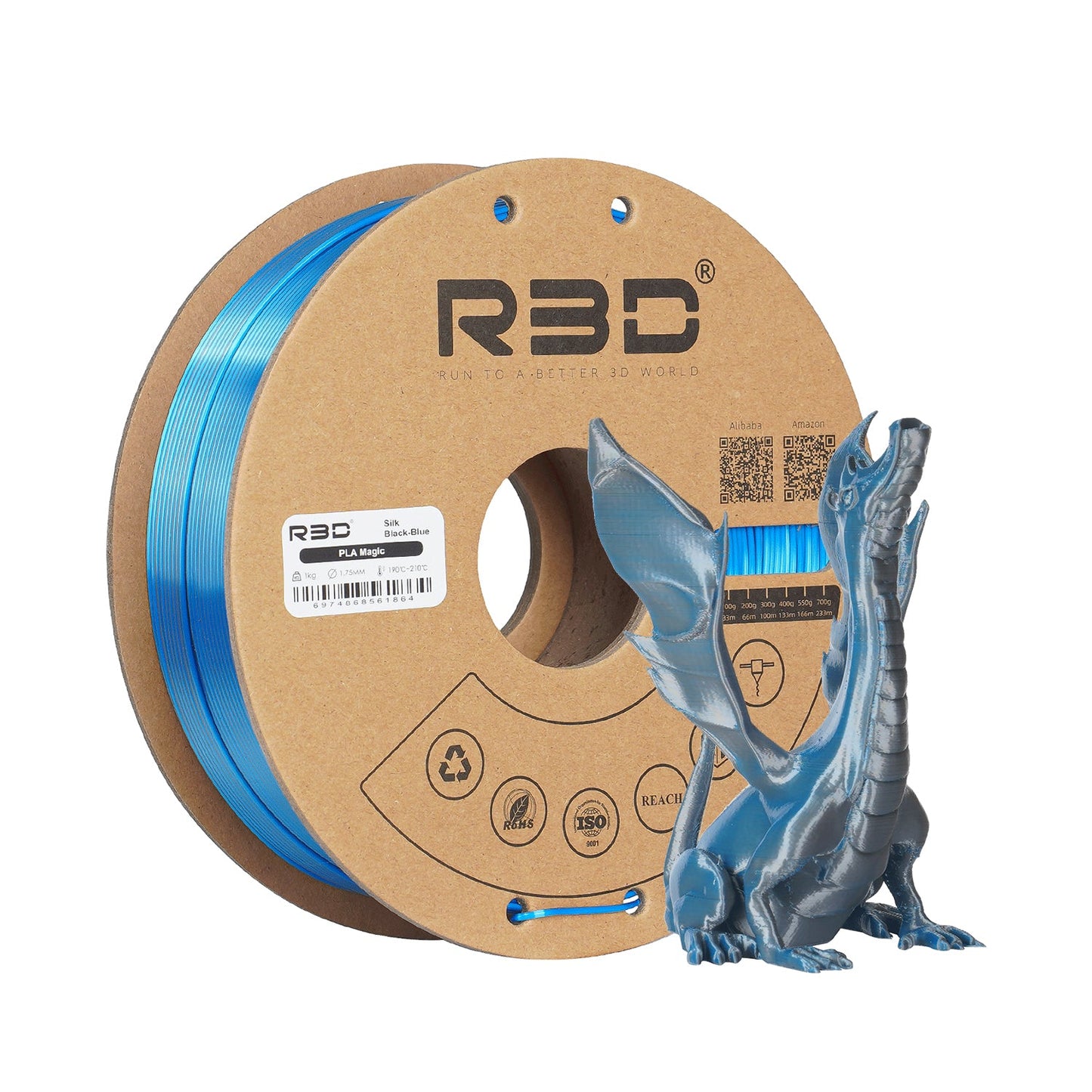 Black/Blue - R3D Dual Colour Silk PLA Magic Filament - 1.75mm, 1kg