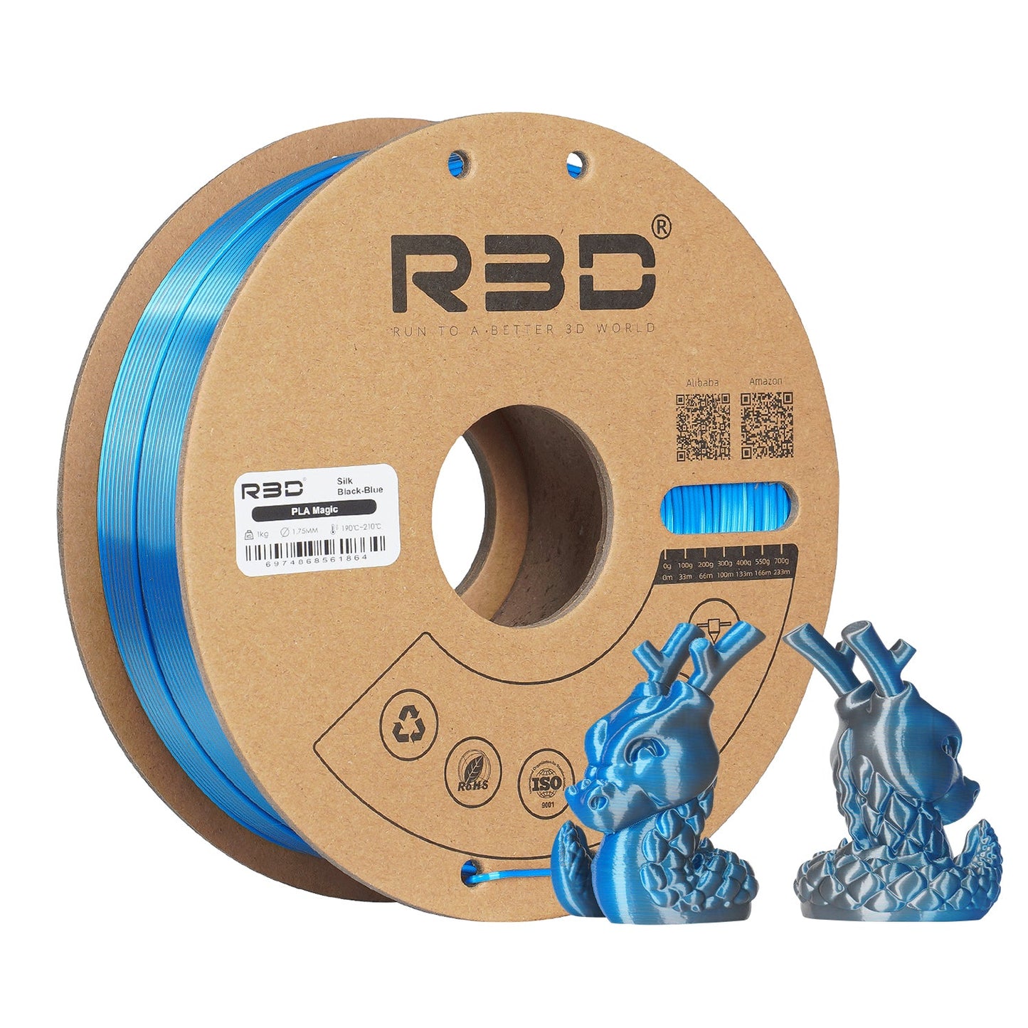 Black/Blue - R3D Dual Colour Silk PLA Magic Filament - 1.75mm, 1kg