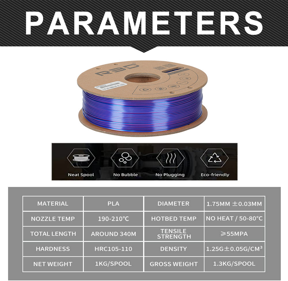 Blue/Purple/Black - R3D Tri Colour Magic Silk PLA Filament - 1.75mm, 1kg