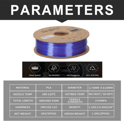 Blue/Purple/Black - R3D Tri Colour Magic Silk PLA Filament - 1.75mm, 1kg
