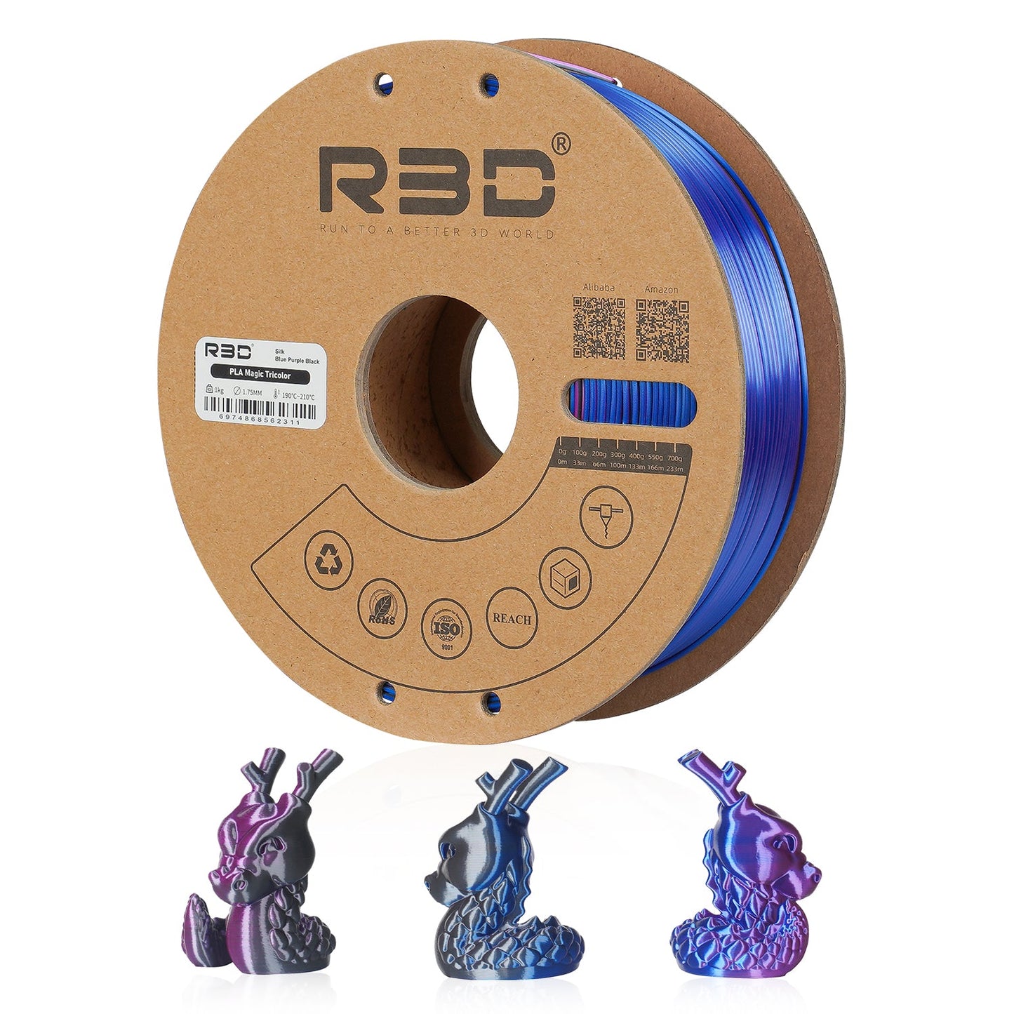Blue/Purple/Black - R3D Tri Colour Magic Silk PLA Filament - 1.75mm, 1kg