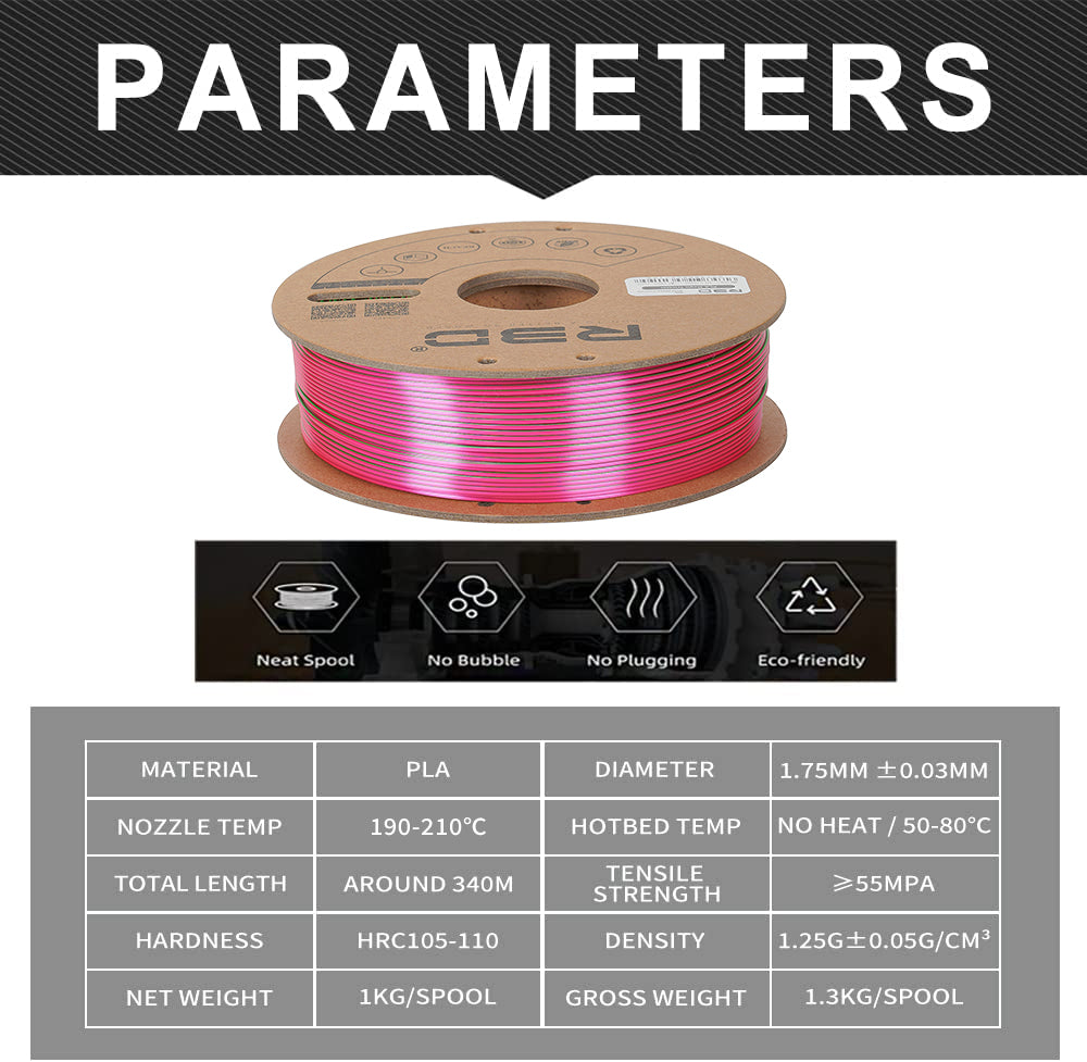 Gold/Green/Fuchsia - R3D Tri Colour Magic Silk PLA Filament - 1.75mm, 1kg