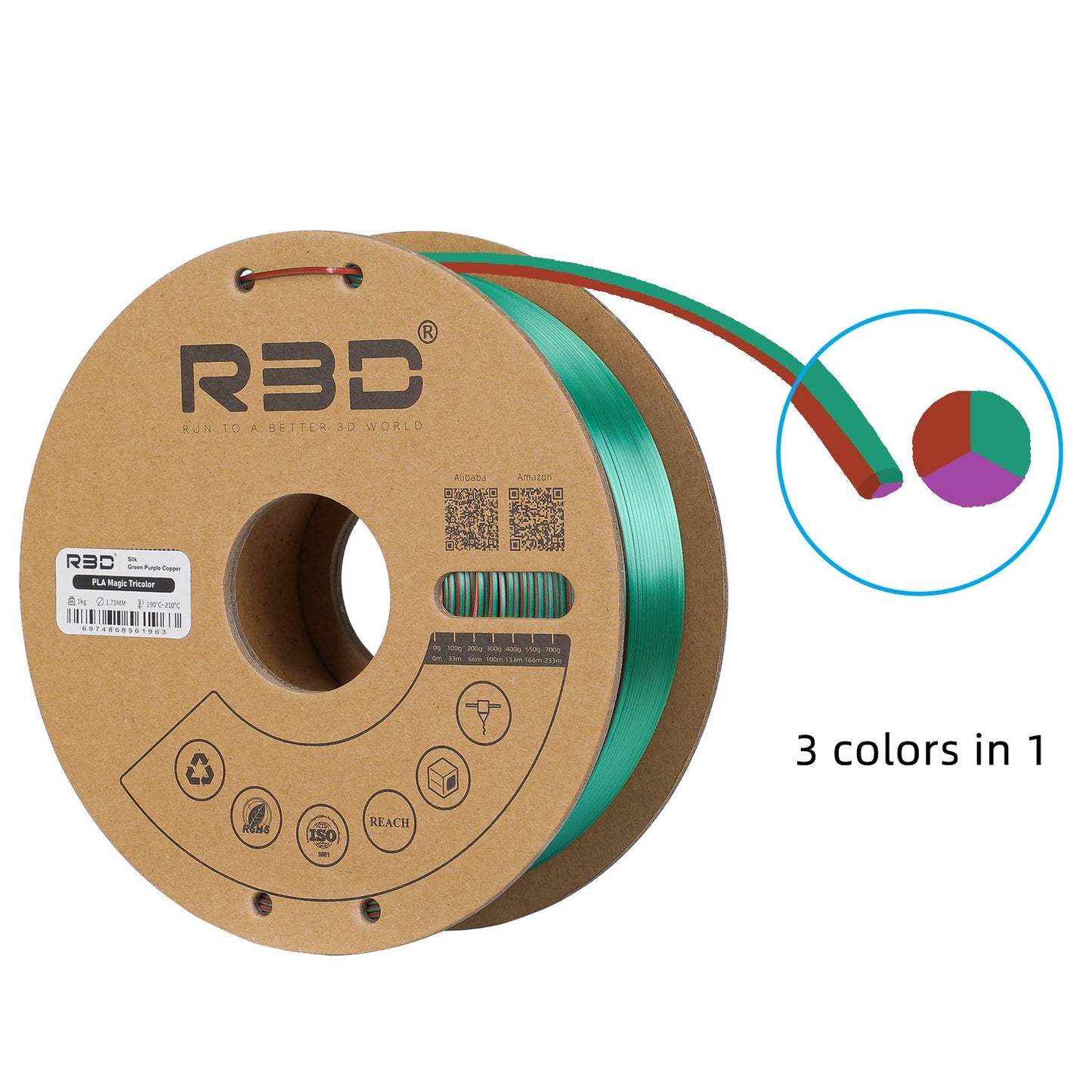 Green/Purple/Copper - R3D Tri Colour Magic Silk PLA Filament - 1.75mm, 1kg