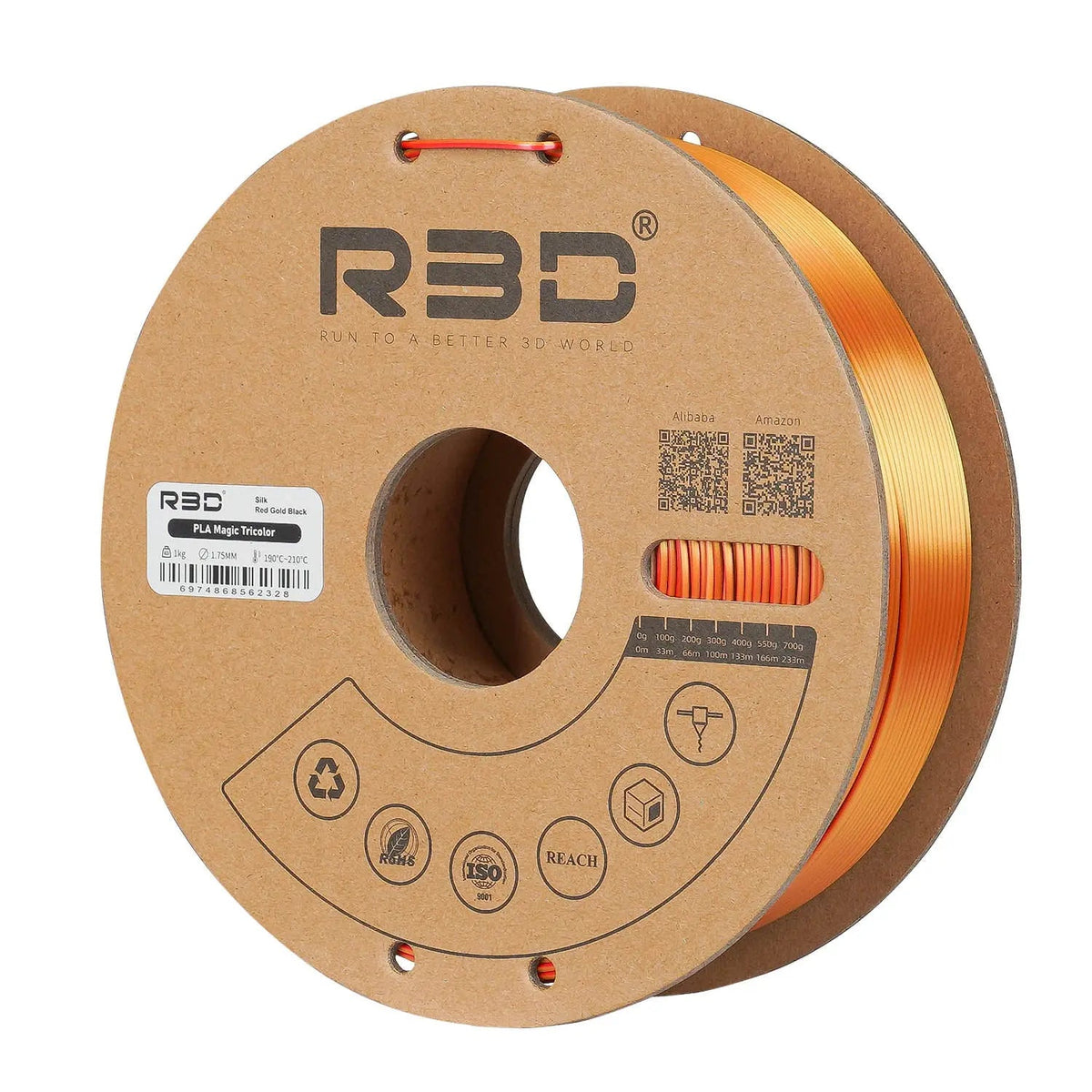 Red/Gold/Black - R3D Tri Colour Magic Silk PLA Filament - 1.75mm, 1kg R3D