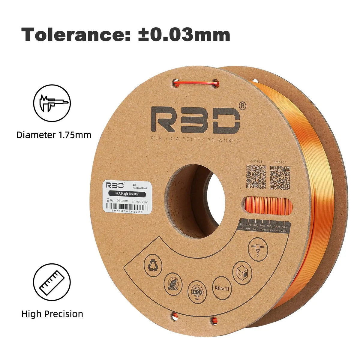 Red/Gold/Black - R3D Tri Colour Magic Silk PLA Filament - 1.75mm, 1kg R3D
