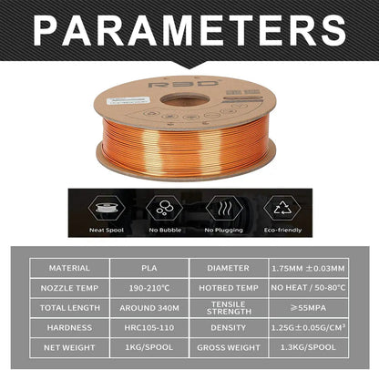 Red/Gold/Black - R3D Tri Colour Magic Silk PLA Filament - 1.75mm, 1kg R3D