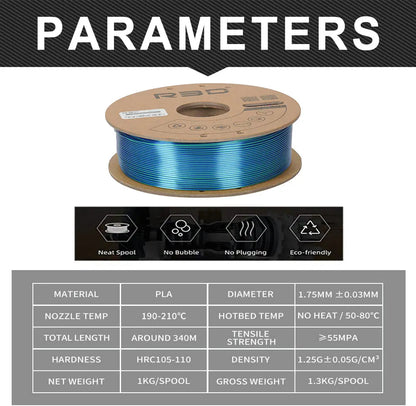 Red/Green/Blue - R3D Tri Colour Silk Magic PLA Filament - 1.75mm, 1kg R3D