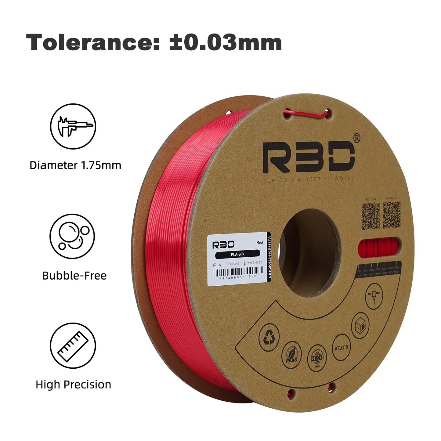Red - R3D Silk PLA Filament - 1.75mm, 1kg R3D