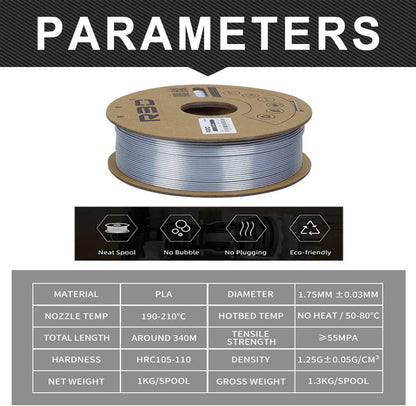 Silver - R3D Silk PLA Filament - 1.75mm, 1kg R3D