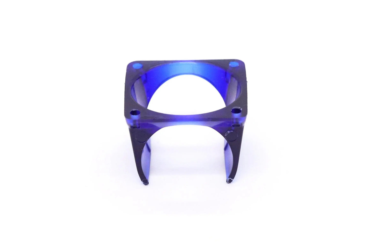 Boîtier bleu translucide vu de face, avec ouverture circulaire et quatre trous d’angle